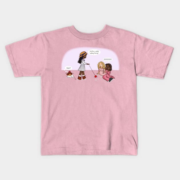 Claudie Walks the Dog Kids T-Shirt by MirandaBrookeDesigns